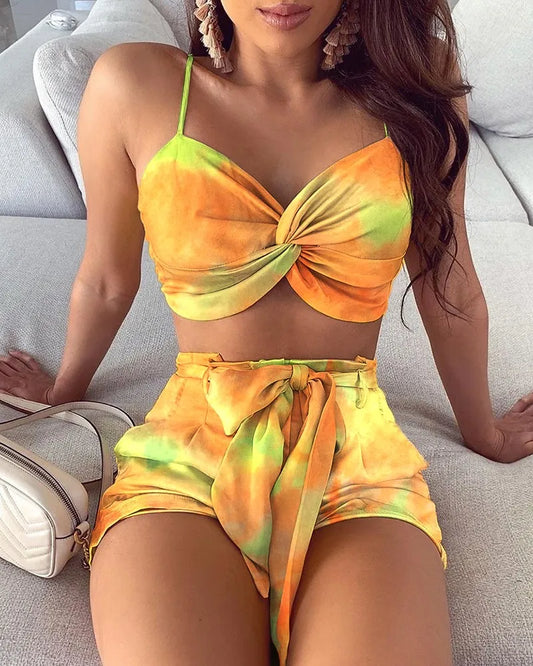 Women Spaghetti Strap Crop Top and Shorts Set Print Sleeveless Two Piece Suit Set