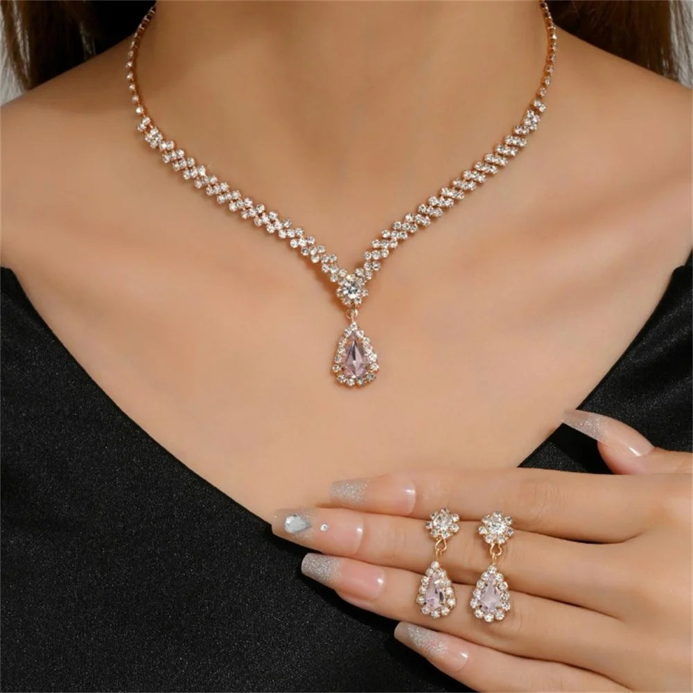 V-Shaped Earring Necklace Two Piece Set High-End Fashion Luxurious Necklace Inlaid Rhinestone Jewelry Sets for Women