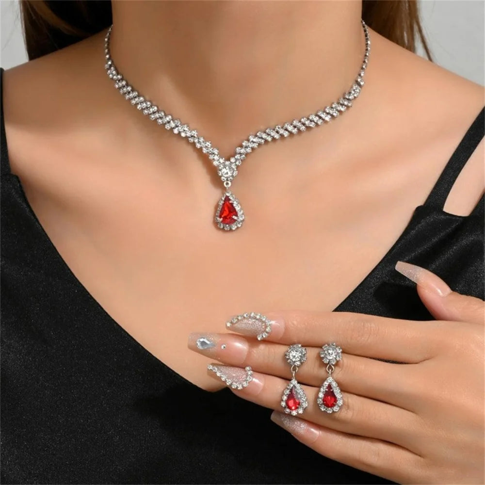 V-Shaped Earring Necklace Two Piece Set High-End Fashion Luxurious Necklace Inlaid Rhinestone Jewelry Sets for Women