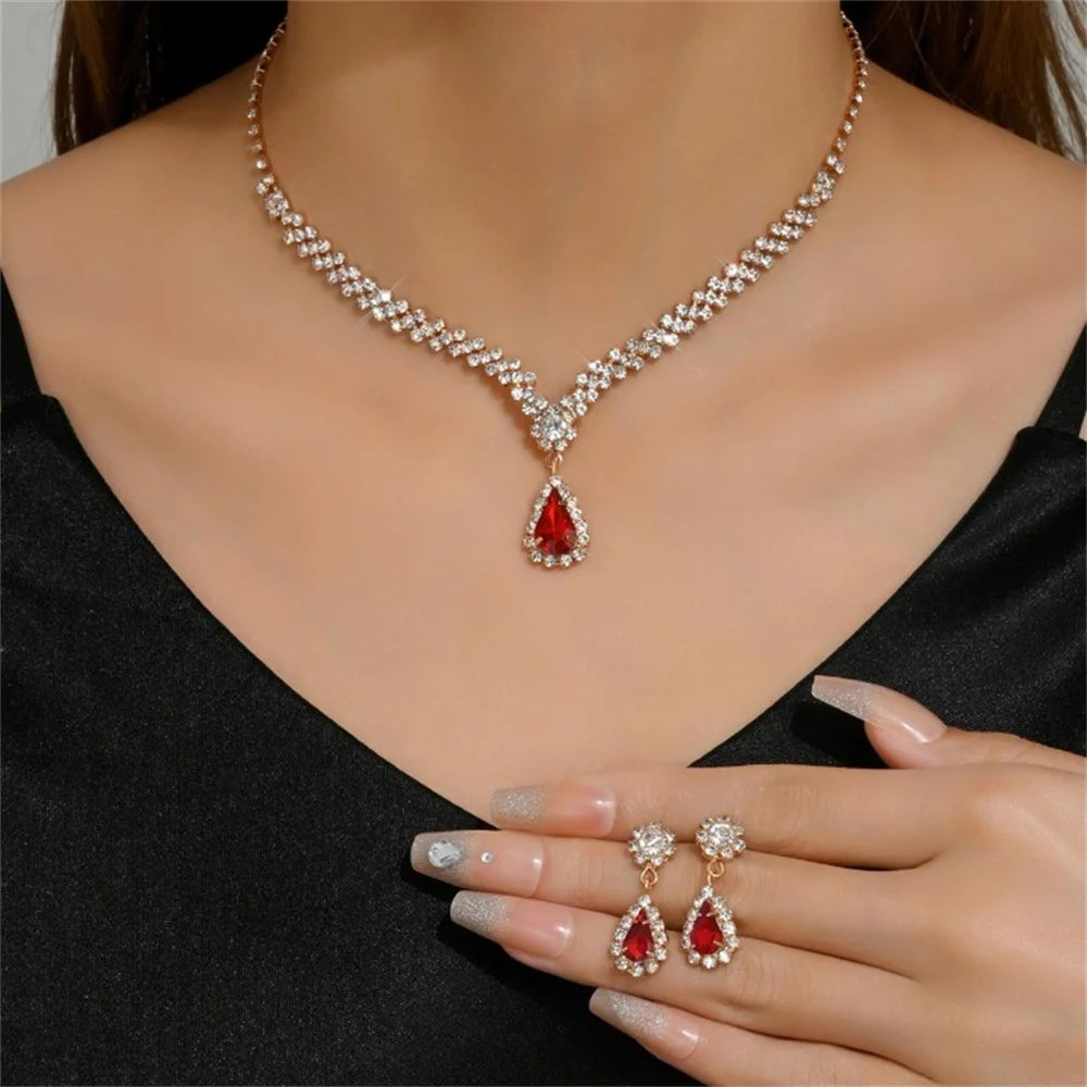 V-Shaped Earring Necklace Two Piece Set High-End Fashion Luxurious Necklace Inlaid Rhinestone Jewelry Sets for Women