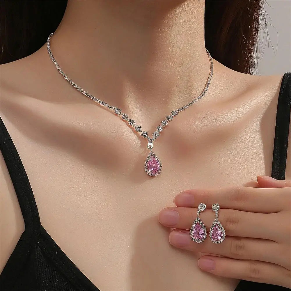V-Shaped Earring Necklace Two Piece Set High-End Fashion Luxurious Necklace Inlaid Rhinestone Jewelry Sets for Women