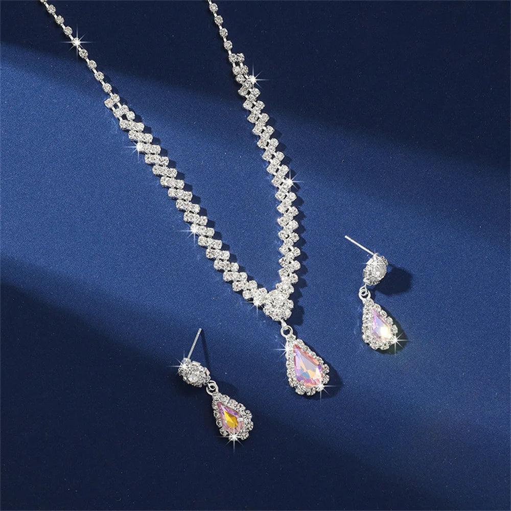V-Shaped Earring Necklace Two Piece Set High-End Fashion Luxurious Necklace Inlaid Rhinestone Jewelry Sets for Women